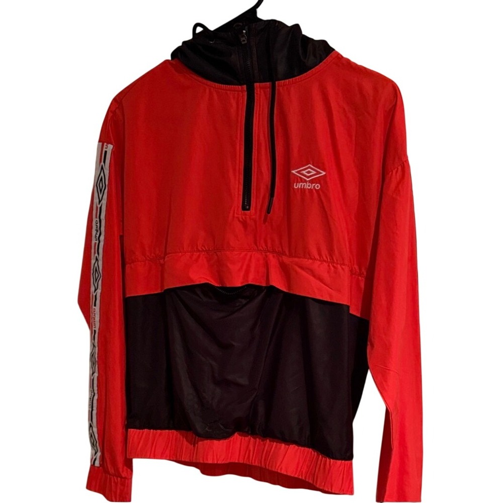 Umbro Womens Red Black Colorblock Half Zip Windbreaker Hooded Jacket XS RN117927